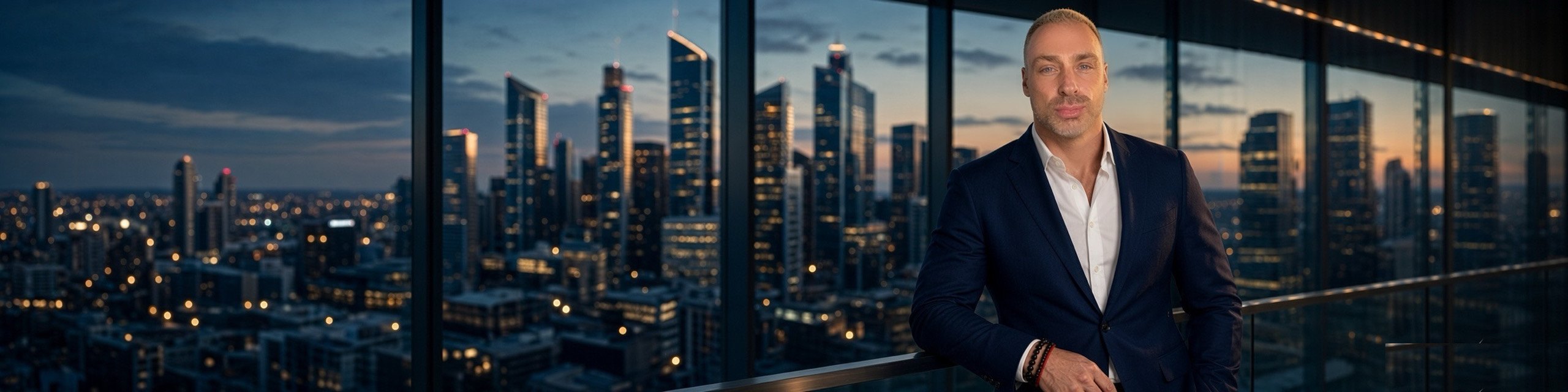 Adrian Grundy beside floor-to-ceiling windows over the city at dusk